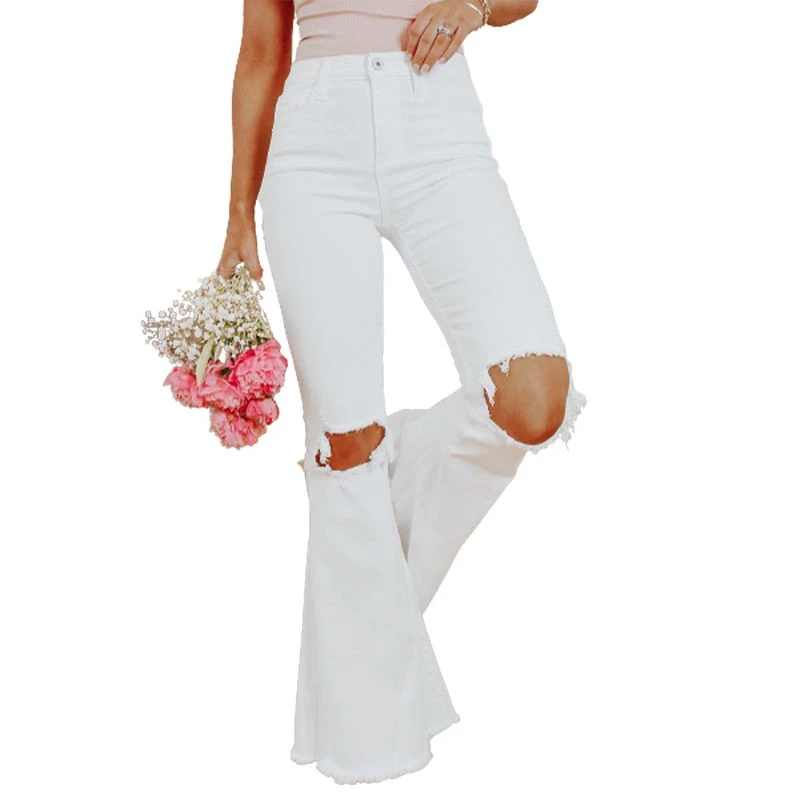 Distressed Hollow-out Knee Frayed Flare Jeans